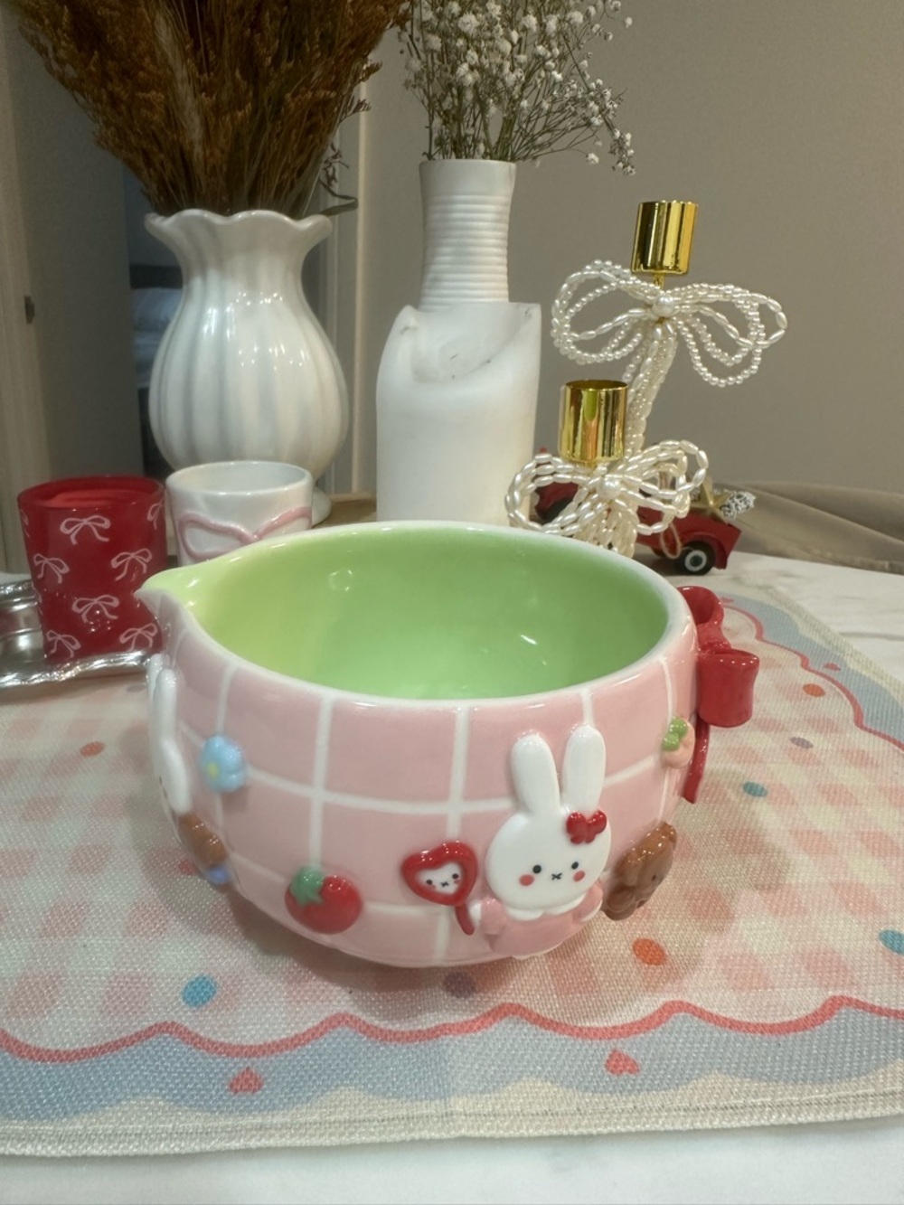 Cute Pink Bunny Ceramic Bowl with Green Interior